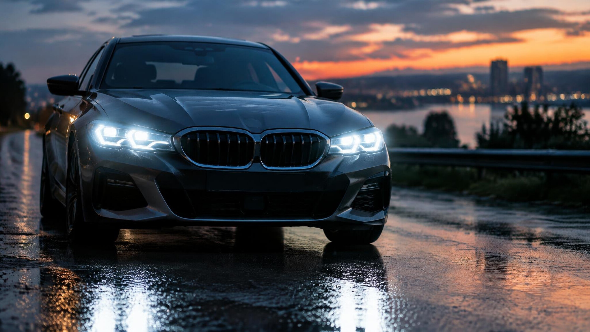 Sports car front headlights glowing at dusk on a road