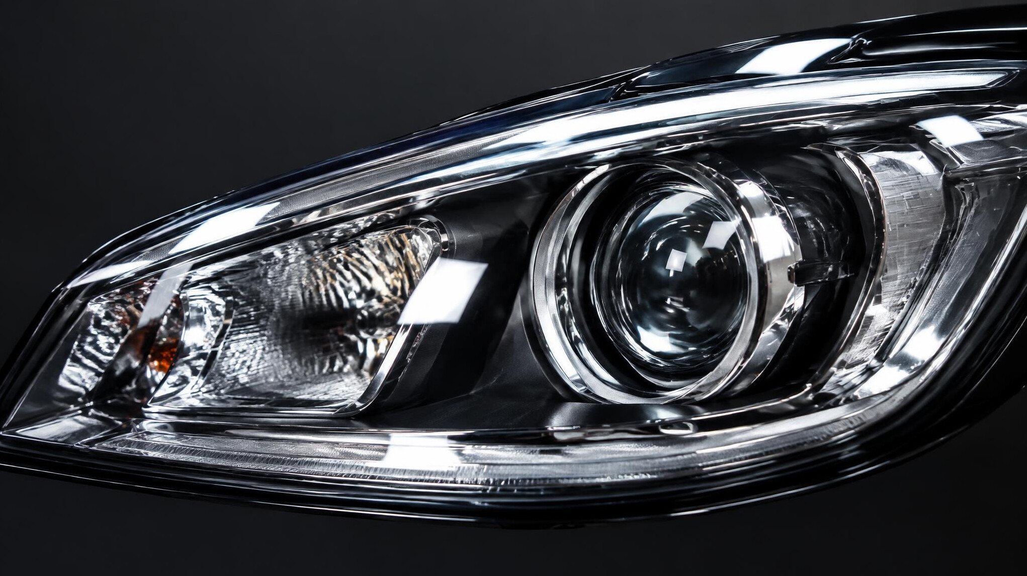 Close view of a classic car with polished headlight